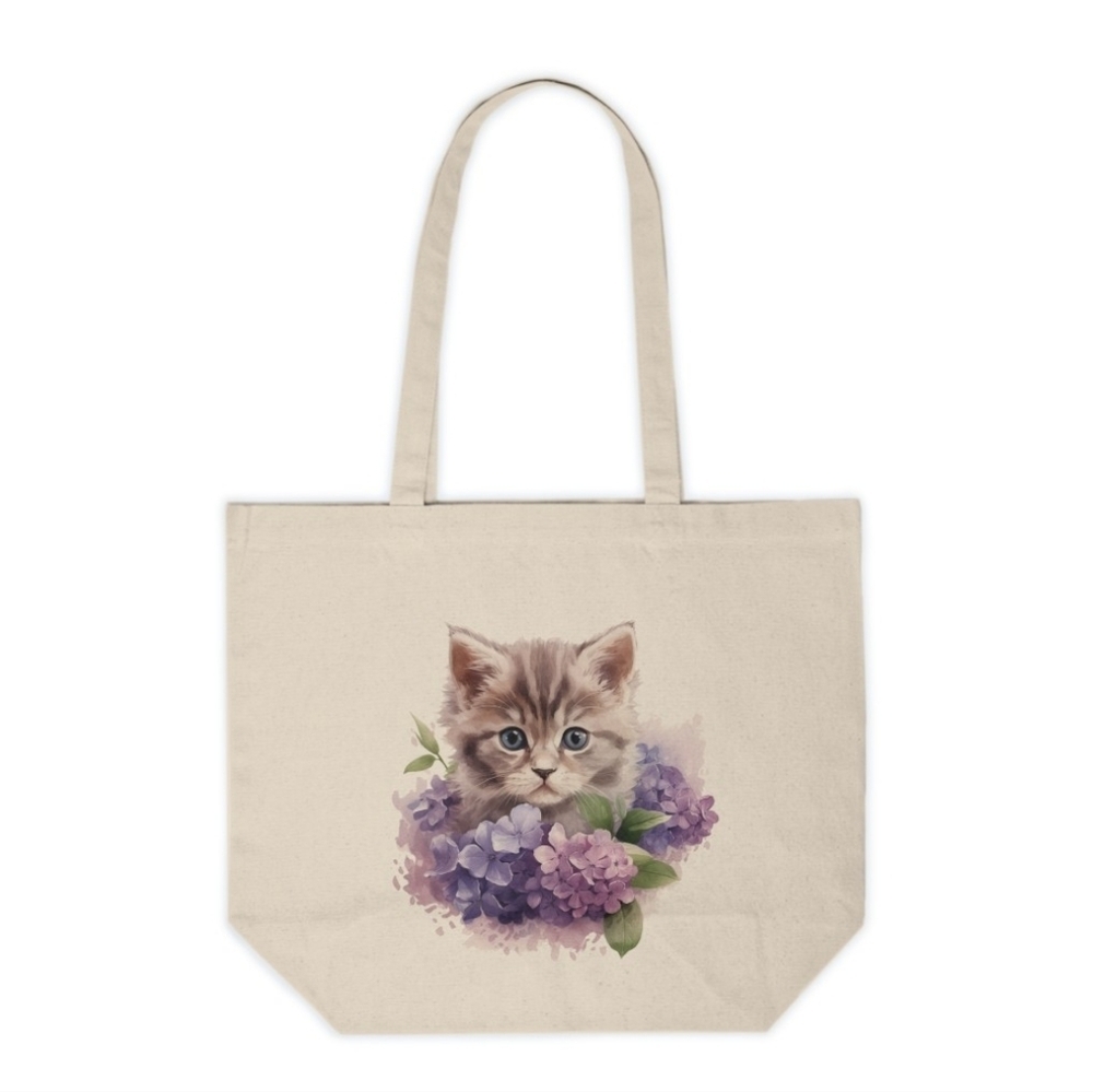 Cute Floral Kitten Cat Canvas Tote Bag | Reusable and Eco-Friendly Shopping Bag